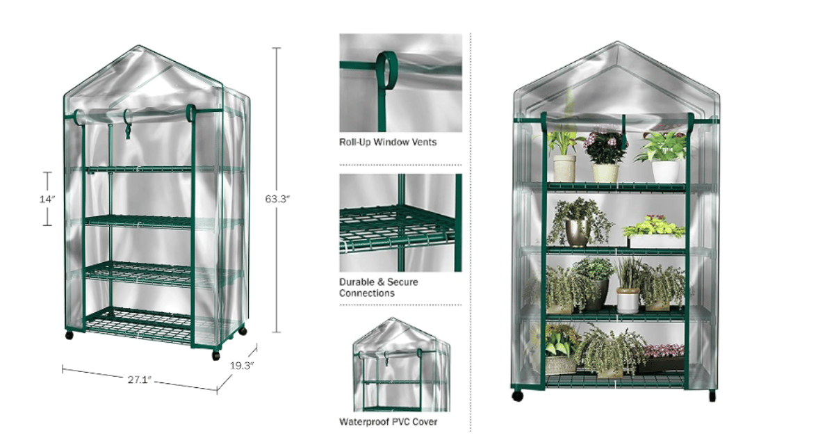 4 Tier Mini Greenhouse - Portable Greenhouse with Locking Wheels and PVC Cover for Indoor or Outdoor - 27 x 19 x 63-Inch Green House by Home-Complete