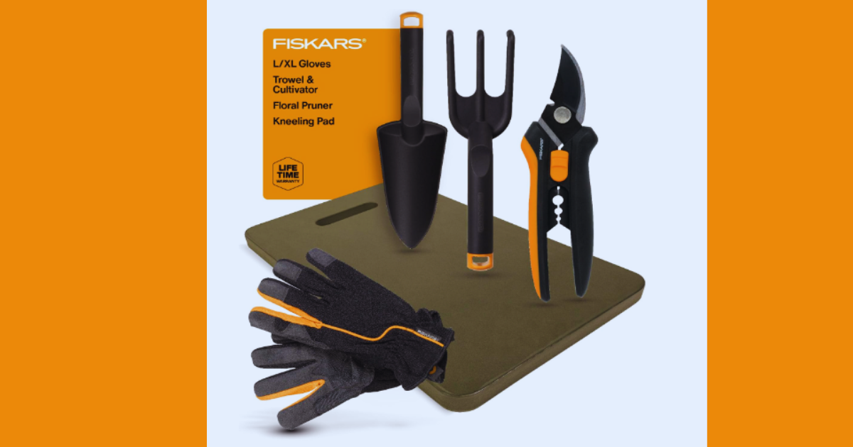 Fiskars House Plant Starter Tool Set with Set with Bypass Pruner, Trowel, Cultivator, and L/XL Garden Gloves for Indoor Gardening (4 Piece Kit)