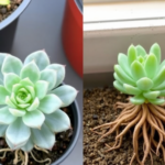 wo Echeveria plants one in a small pot with restricted roots and another in a larger, well-draining pot