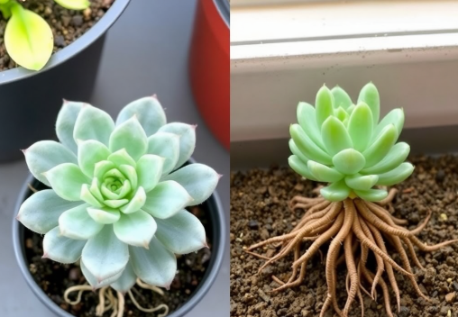 wo Echeveria plants one in a small pot with restricted roots and another in a larger, well-draining pot