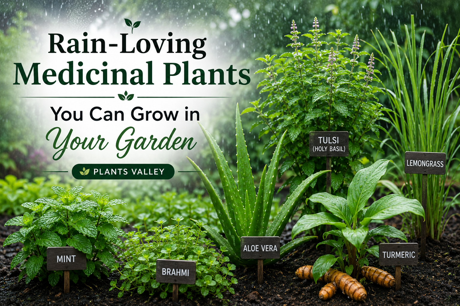 Rainy garden of medicinal plants